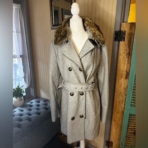 Black Rivet Women L Gray Wool Blend Belted Coat Faux Fur Collar Asymmetrical Zip